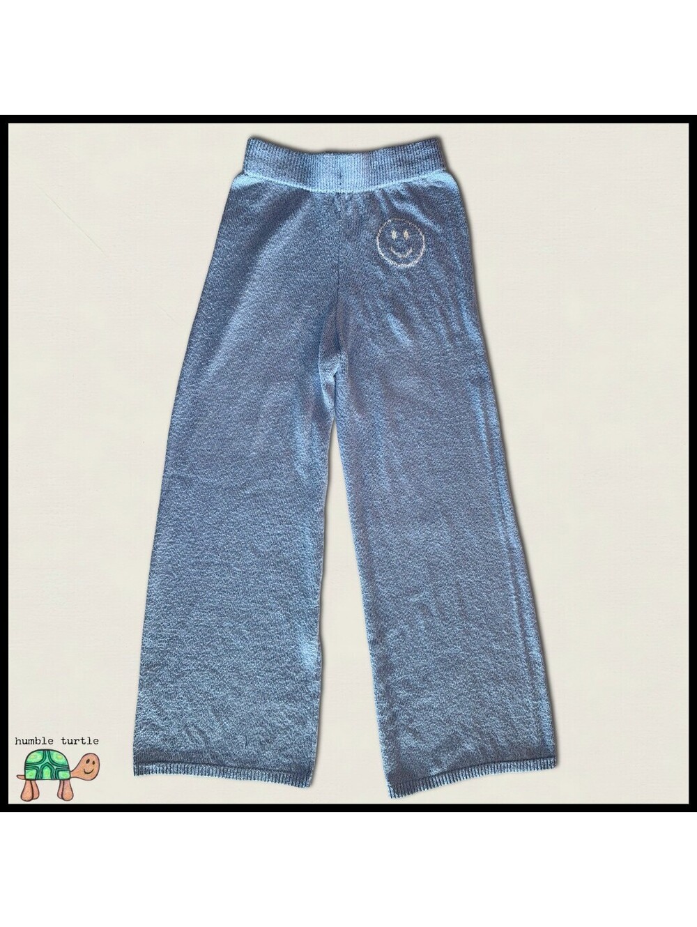 Moon & Madison Blue Knit Wide Leg Pants with Smiley Face Detail | Size M | EUC